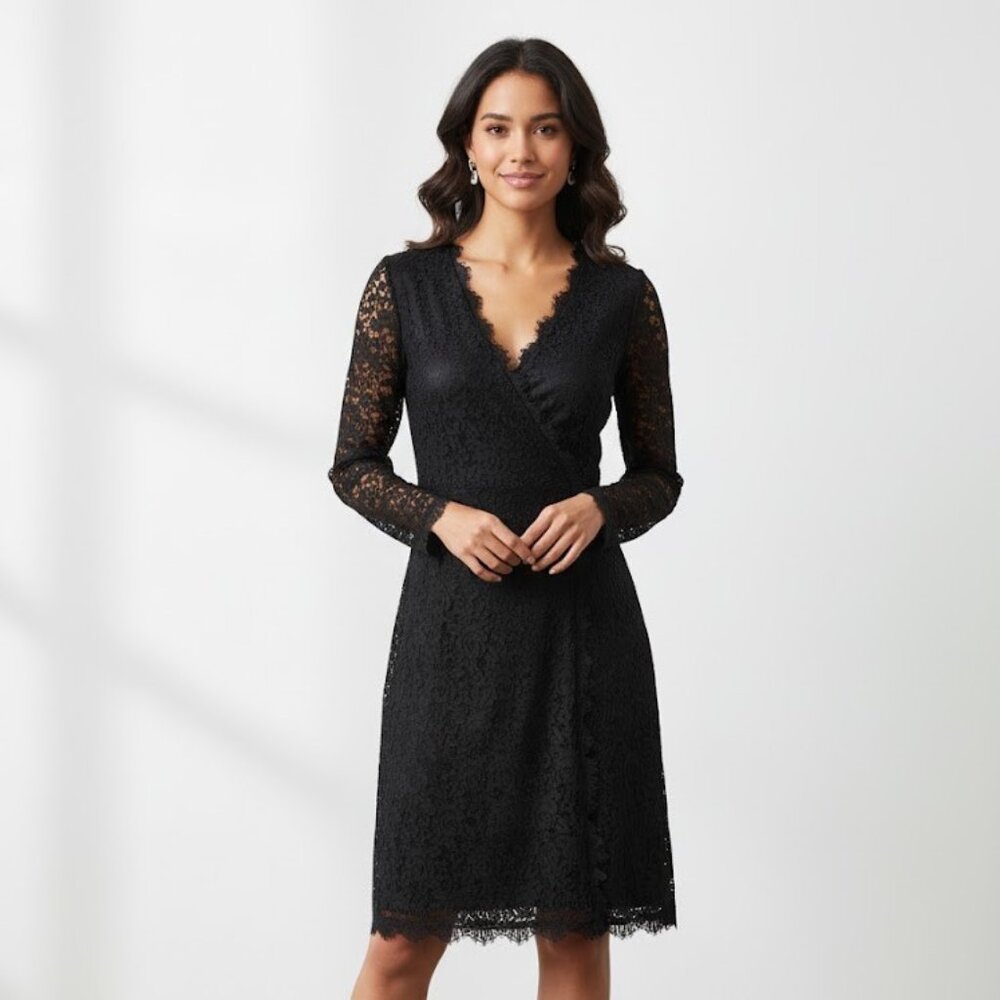 NWT Diane Von Furstenberg DVF Julian Two in Black L/S Lace Wrap Dress 0 $398